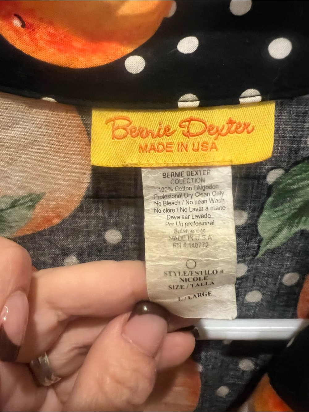Bernie Dexter Black Polka Dot Dress with Orange Fruit Print